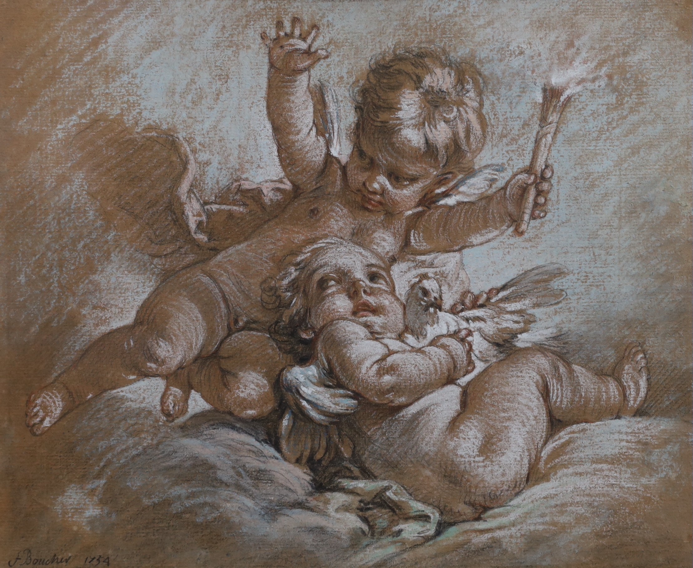 After Francois Boucher (French, 1703-1770), coloured chalks, 'Les Amorini', 22.5 x 28cm